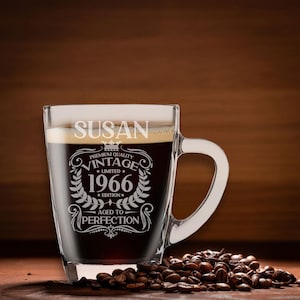 60th Birthday Engraved Glass Mug and/or Coaster - 1966 Vintage Aged to Perfection – Personalised 60 Year Old Gift - Coffee Tea Glass Cup