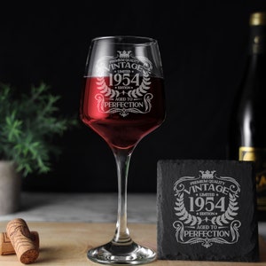 Vintage 1954 Engraved Wine Glass 70th Birthday Aged to Perfection 70 Year Old Gifts Red White Rose Glass & Coaster Set Glass & Square