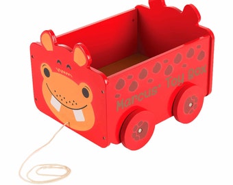 Personalised Toy Box Engraved with Name | Orange Wooden Hippo Pull Along Toy Box | Storage Cart Gift with Childs Name Toy Trolley Wagon