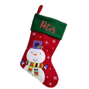 May include: Red and green Christmas stocking with a snowman design and the name "Peter" embroidered on the cuff.