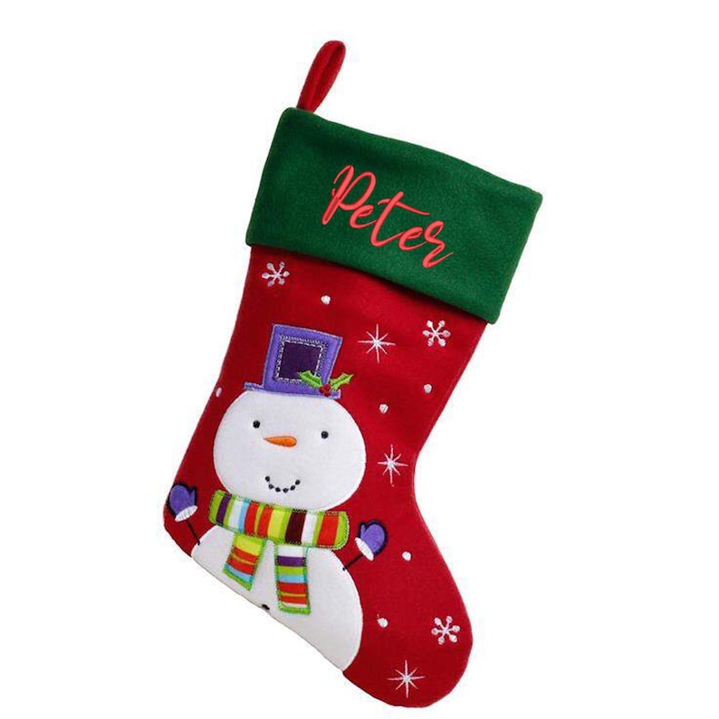 May include: Red and green Christmas stocking with a snowman design and the name "Peter" embroidered on the cuff.