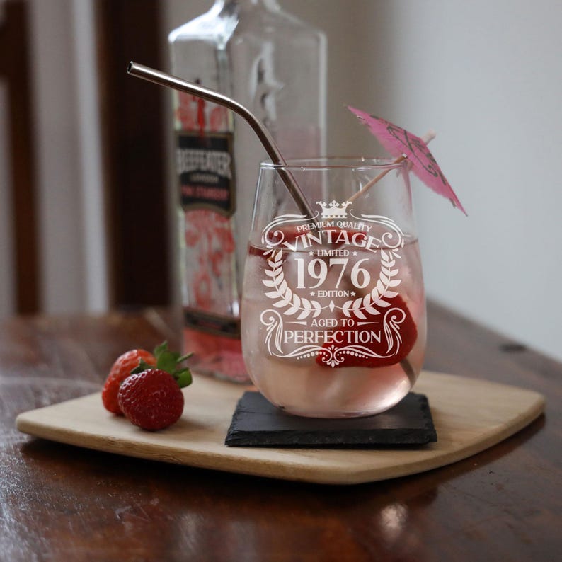 Vintage 1976 Engraved Stemless Gin Glass and/or Coaster Personalised 50th Birthday Gift Aged to Perfection – Gift for Her 50 Year Old Gifts immagine 9