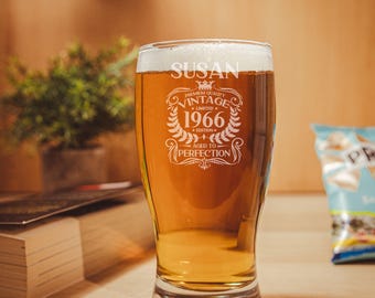 Vintage 1966 Engraved Beer Pint Glass - 60th Birthday Aged to Perfection – 60 Year Old Gifts Beer Cider Lager Tulip Pint Glass & Coaster Set