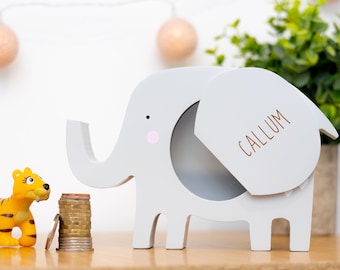 Personalised Engraved Elephant Money Box Bank - Kids Savings Pocket Money Piggy Bank - Wooden Animal Money Box Gift for Babies and Children