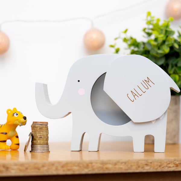 Personalised Engraved Elephant Money Box Bank - Kids Savings Pocket Money Piggy Bank - Wooden Animal Money Box Gift for Babies and Children