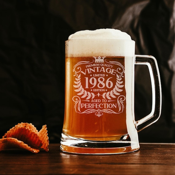 40th Birthday Vintage 1986 Engraved Beer Stein Glass Tankard Mug Aged to Perfection Personalised 40 Year Old Gifts Beer Glass With Handle