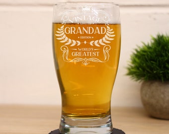 Vintage World's Greatest Grandad Engraved Beer Pint Glass Birthday Gift for Grandad - Best Granddad Ever - Beer Pint Keepsake Gift