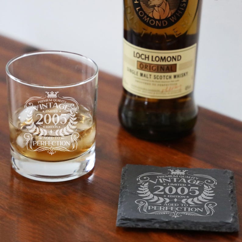 Personalised Vintage 2005 Engraved Whiskey Glass - 21st Birthday Aged to Perfection – 21 Year Old Gifts Bourbon Scotch Whisky Tumbler Glass Glass & Square