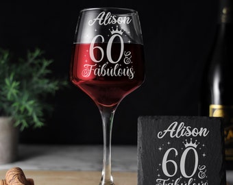 Fabuleux verres à vin gravés 60 ans - Verres 60e anniversaire - Cadeaux pour les 60 ans - Ensemble verres à vin et sous-verres rouge blanc rose 60e anniversaire