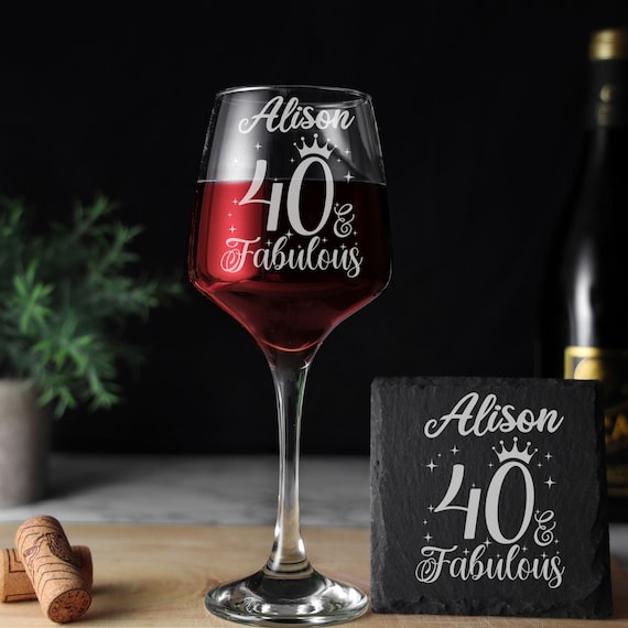 40 & Fabulous Engraved Wine Glass - 40th Birthday and Fabulous – 40 Year Old Gifts Personalised Wine Glass and Optional Coaster Set Gift