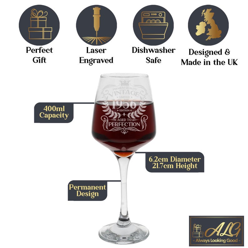 Vintage 1956 Engraved Wine Glass - Personalised 70th Birthday Aged to Perfection – 70 Year Old Gifts Wine Glass & Optional Coaster Set image 13