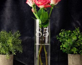 Vaso personalizado gravado para flores aniversário para ela | QUALQUER idade e nome 80, 90, 100 | Vaso de vidro 26 cm de altura | Vaso de flores grande aniversário
