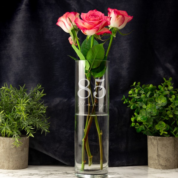 Personalised Engraved Vase For Flowers Birthday for Her | ANY Age and Name 80, 90, 100 | Glass Vase 26cm Tall | Flower Vase Big Birthday