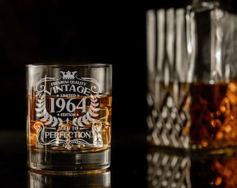 Vintage 1964 Engraved Whiskey Glass - 60th Birthday Aged to Perfection – 60 Year Old Gifts Bourbon Scotch Whisky Tumbler Glass & Coaster Set