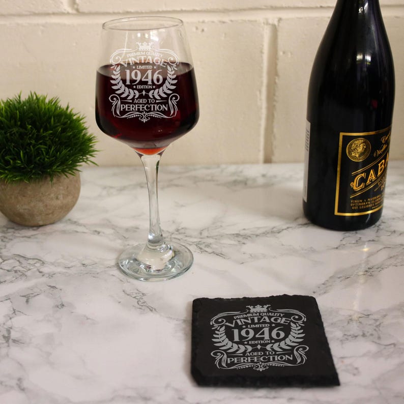 Personalised Vintage 1946 Engraved Wine Glass - 80th Birthday Aged to Perfection – 80 Year Old Gifts Wine Glass & Optional Coaster Set image 3