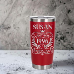 30th Birthday Gift Vintage 1996 Engraved Insulated Travel Mug Thermal Coffee Metal Flask with Lid Aged to Perfection Present for 30 Year Old