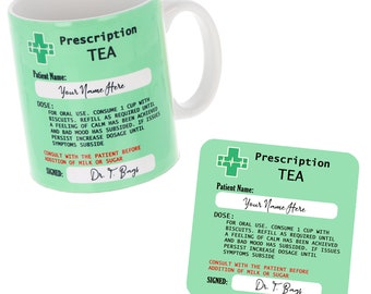 Personalised Prescription Tea Mug | Novelty Tea Lover Gift | Mug and/or Coaster Set Funny Custom Tea Addict Gift Secret Santa
