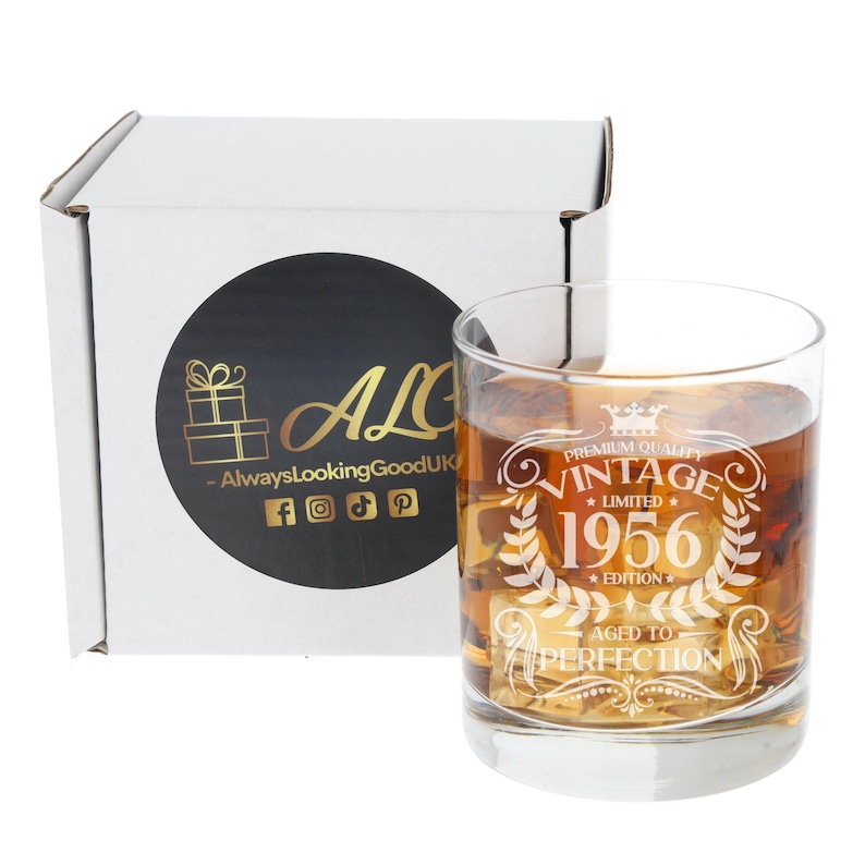 Vintage 1956 Engraved Whiskey Glass - Personalised 70th Birthday Aged to Perfection – 70 Year Gifts Bourbon Scotch Whisky Tumbler or Coaster image 2