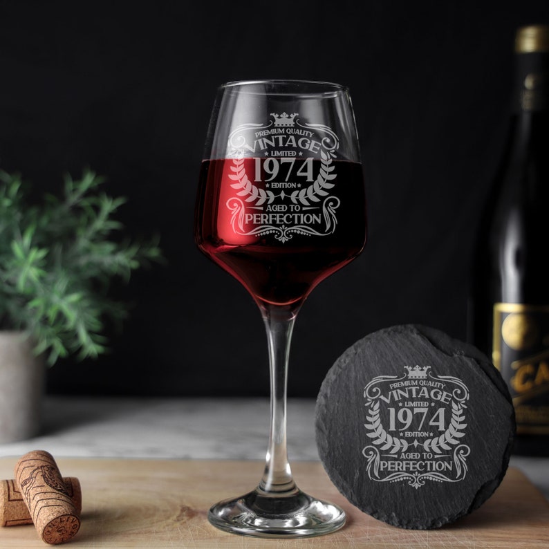 Vintage 1974 Engraved Wine Glass 50th Birthday Aged to Perfection 50 Year Old Gifts Red White Rose Glass & Coaster Set 50th Birthday Glass & Round