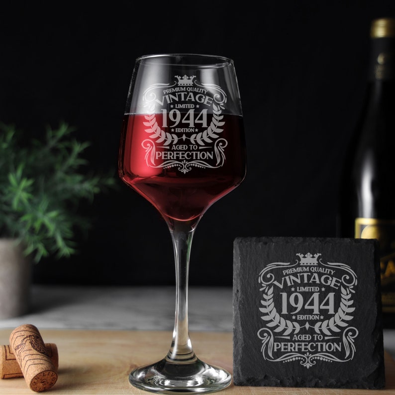 Vintage 1944 Engraved Wine Glass 80th Birthday Aged to Perfection 80 Year Old Gifts Red White Rose Glass & Coaster Set Glass & Square