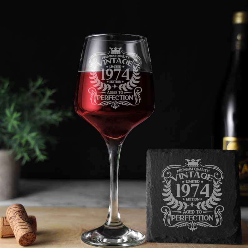 Vintage 1974 Engraved Wine Glass 50th Birthday Aged to Perfection 50 Year Old Gifts Red White Rose Glass & Coaster Set 50th Birthday Glass & Square