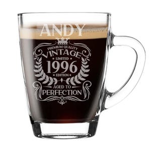 Vintage 1996 Glass Mug and / or Coaster - 30th Birthday Glass Mug Aged to Perfection – Personalised 30 Year Old Gift - Coffee Tea Glass Mug