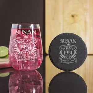 Personalised Vintage 1951 Engraved Stemless Gin Glass and/or Coaster 75th Birthday Gift Aged to Perfection – Gin Lovers Gift for Her 75 Year
