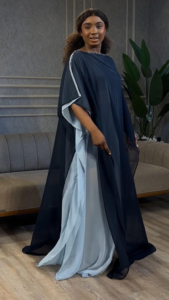 Layered Chiffon Kaftan With Beaded Trim - Blue