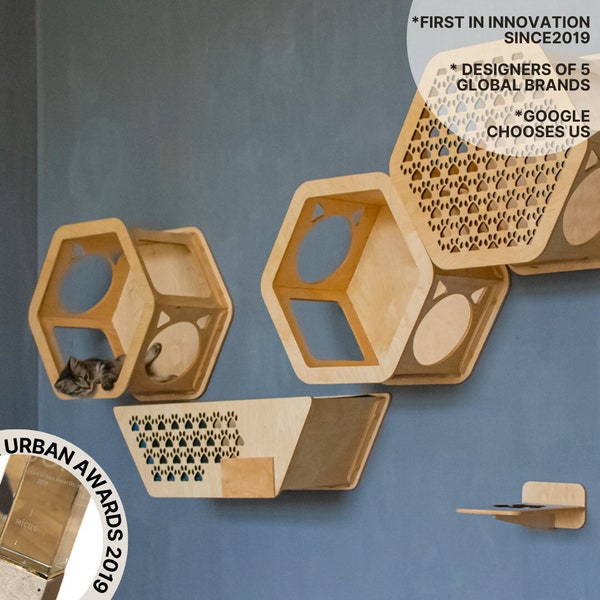 Cat wall furniture for big cats, climbing wall steps and bridge, wooden hexagonal shelves for cat lover gift