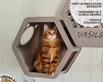 Wooden hexagonal shelves for cat climbing wall, modern indoor cat house at honeycomb shelves, birthday gift for cat lover