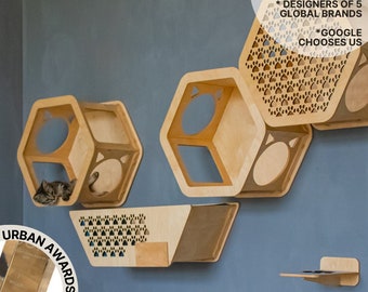 Cat wall furniture for big cats, climbing wall steps and bridge, wooden hexagonal shelves for cat lover gift