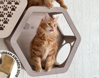 Cat play furniture with wood ladder, hexagonal cat climbing wall, gift for cat mom with indoor cat tree