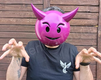 Devil Emoji Mask – Smiling Horns Meme Face – Purple Cosplay Prop