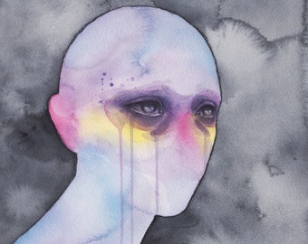 May include: A watercolour painting of a person with a bald head and closed eyes. The person is painted in shades of blue, purple, and pink, with yellow and purple streaks running down their face. The background is a dark grey.