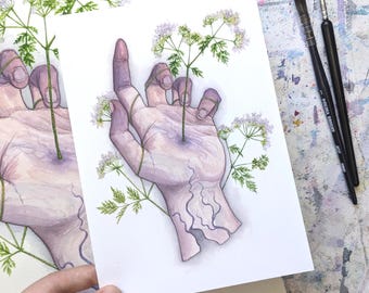 May include: Watercolor painting of a hand with a cracked, textured appearance, holding delicate white and green flowers. The hand is painted in shades of purple and gray, with fine details. The artwork is on white paper.