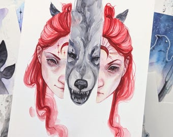 Wolf Dark Fantasy Art Print: Shapeshifter Druid Watercolor Illustration