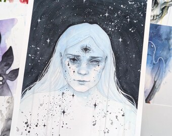 Cosmic Goddess Art Print: Dark Fantasy Watercolor Illustration