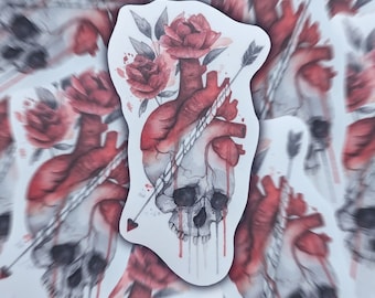 May include: A watercolour sticker featuring a human heart pierced by an arrow, with a skull at the base. The heart is red and the skull is grey. There are red roses around the heart and arrow.