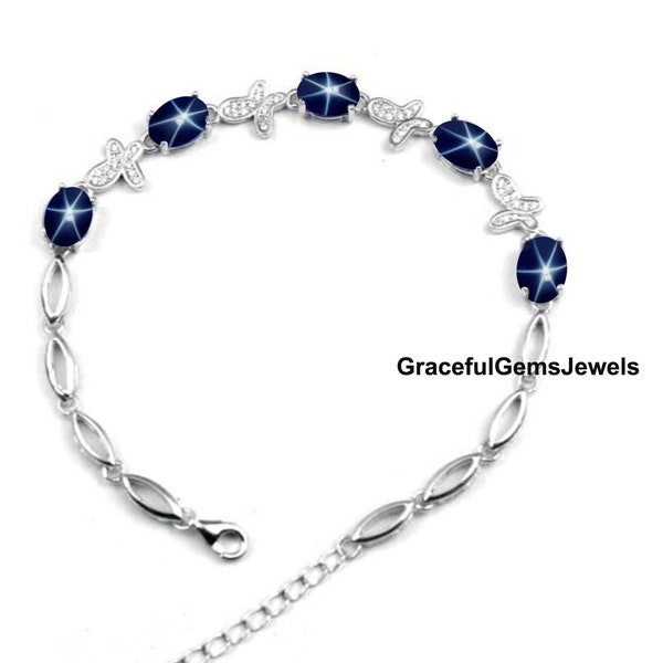 Vintage Lindy Star Sapphire Bracelet in 925 Sterling Silver Tennis Bracelet Blue Lindy .Star Bracelet 6 Ray Star Gemstone Bracelet