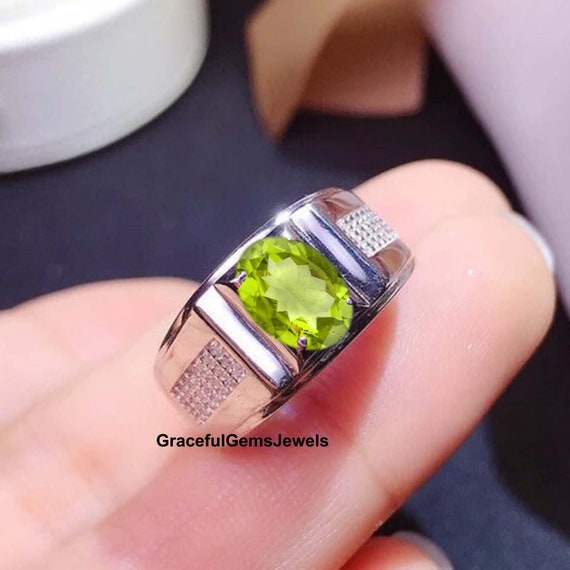 Natural Peridot Ring August Birthstone Ring Mens Peridot Ring Bold