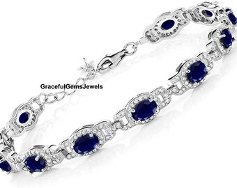 Sapphire Tennis Bracelet, Oval Cut Engagement Bracelet, Solid Silver Tennis Bracelet , September Birthstone, Gifts for Women.