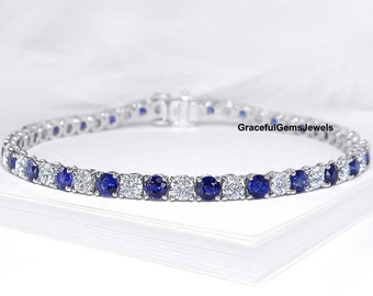 Vintage Blue Sapphire Tennis Bracelet, Round Cut Engagement Bracelet, Solid Silver Tennis Bracelet , September Birthstone, Gifts for Women.