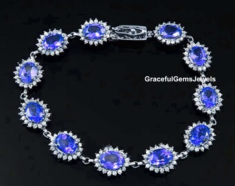 Vintage Blue Sapphire Bracelet in 925 Sterling Silver/ Blue Sapphire Tennis Bracelet for Women.