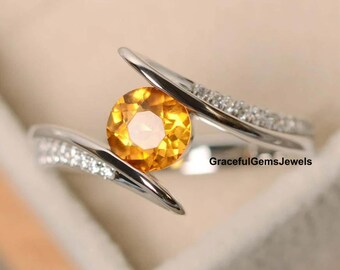 Yellow Topaz Ring-Women's Golden Topaz Ring-Yellow Gems Ring-925 Silver Women Ring-Natural Golden Topaz Ring-Round Cut Topaz Ring.