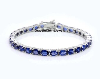 Blue Sapphire Tennis Bracelet, Oval Cut Engagement Bracelet, Solid Silver Tennis Bracelet , September Birthstone, Gifts for Women.