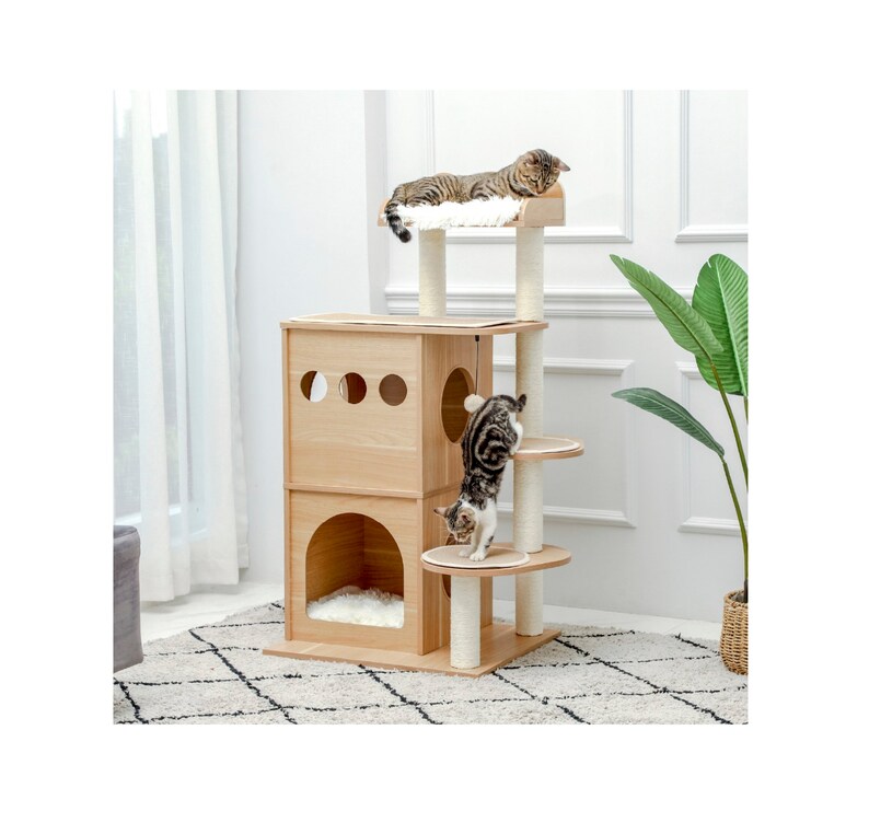 Luxury Wooden Cat House Condo Tree Furniture Natural Sisal Etsy