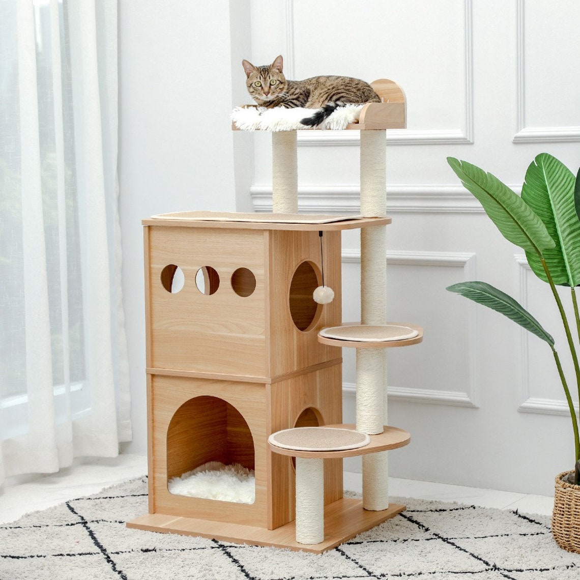 Luxury Wooden Cat House Condo Tree Furniture Natural Sisal Etsy