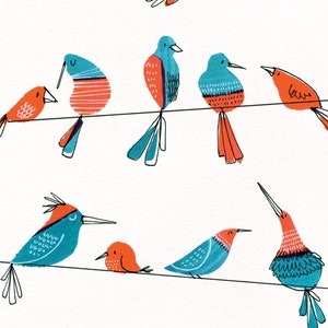 May include: A digital illustration of 15 colorful birds perched on a series of power lines. The birds are a mix of blue and orange with black outlines. The birds are all facing different directions and some are singing.