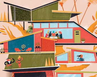 Op de afbeelding: Een kleurrijke illustratie van een boomhut met meerdere verdiepingen. Elke verdieping heeft een ander interieurontwerp en toont mensen die verschillende activiteiten uitvoeren. De boomhut is gebouwd in een grote boom met een dikke oranje stam en takken. De achtergrond is lichtroze met palmbomen.