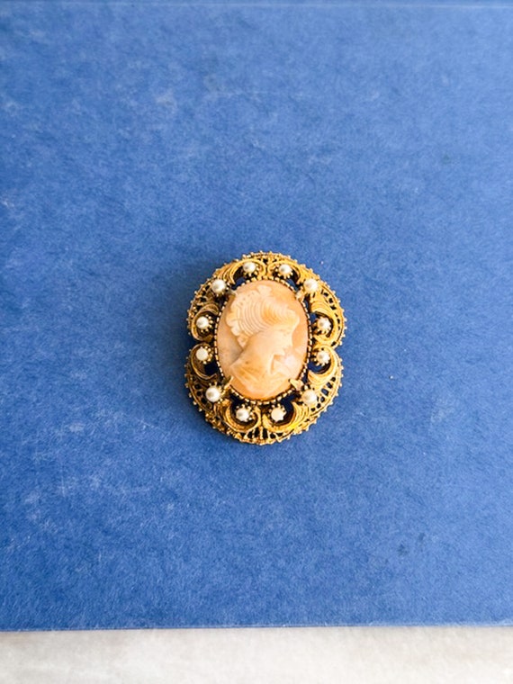 Ornate Vintage Cameo Brooch with Pearl Halo - image 1